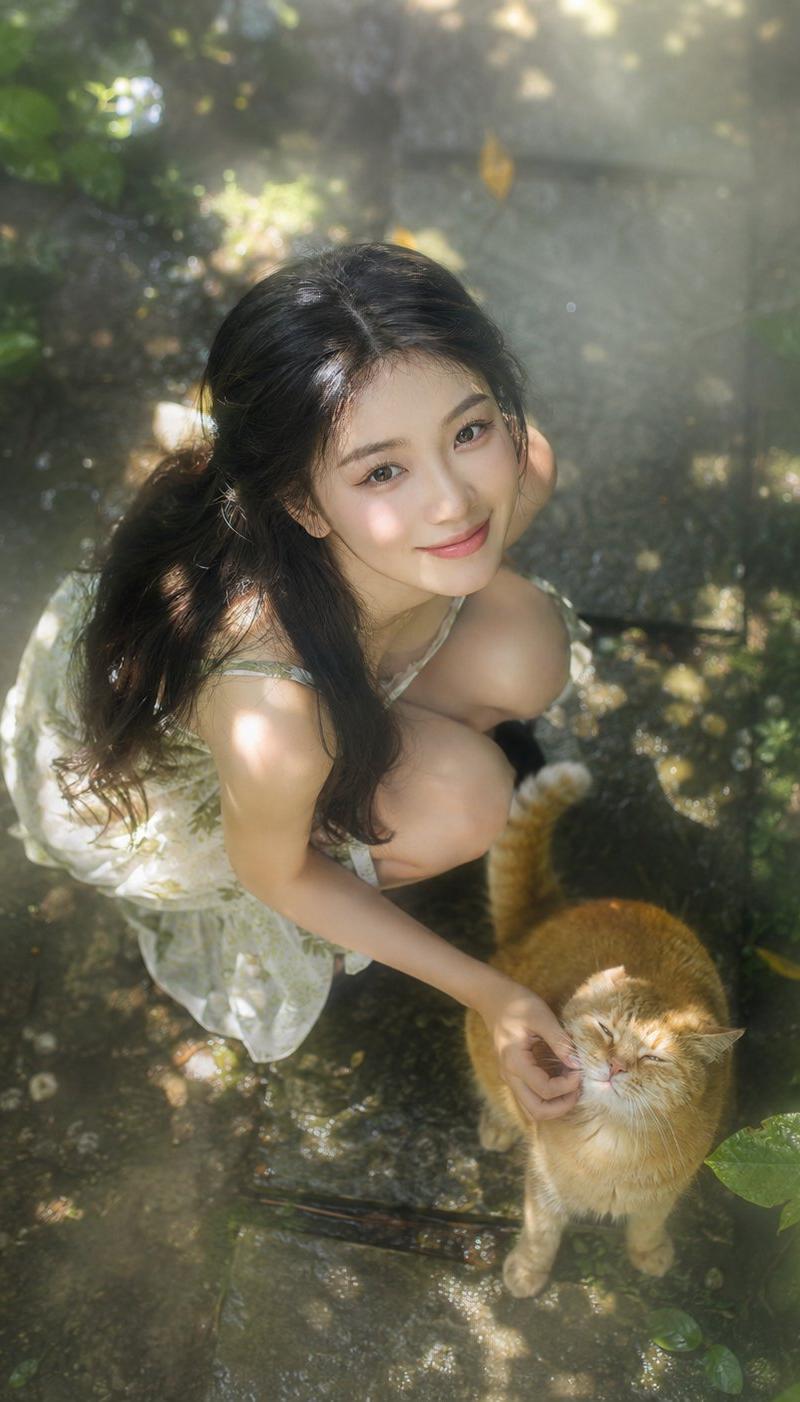 俯拍丁达尔效应花园少女与橘猫