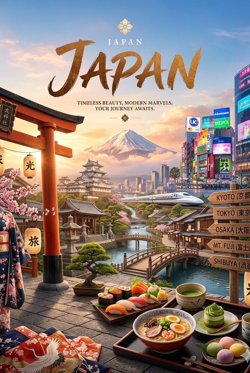 黄金时刻日本传统与现代融合旅行海报