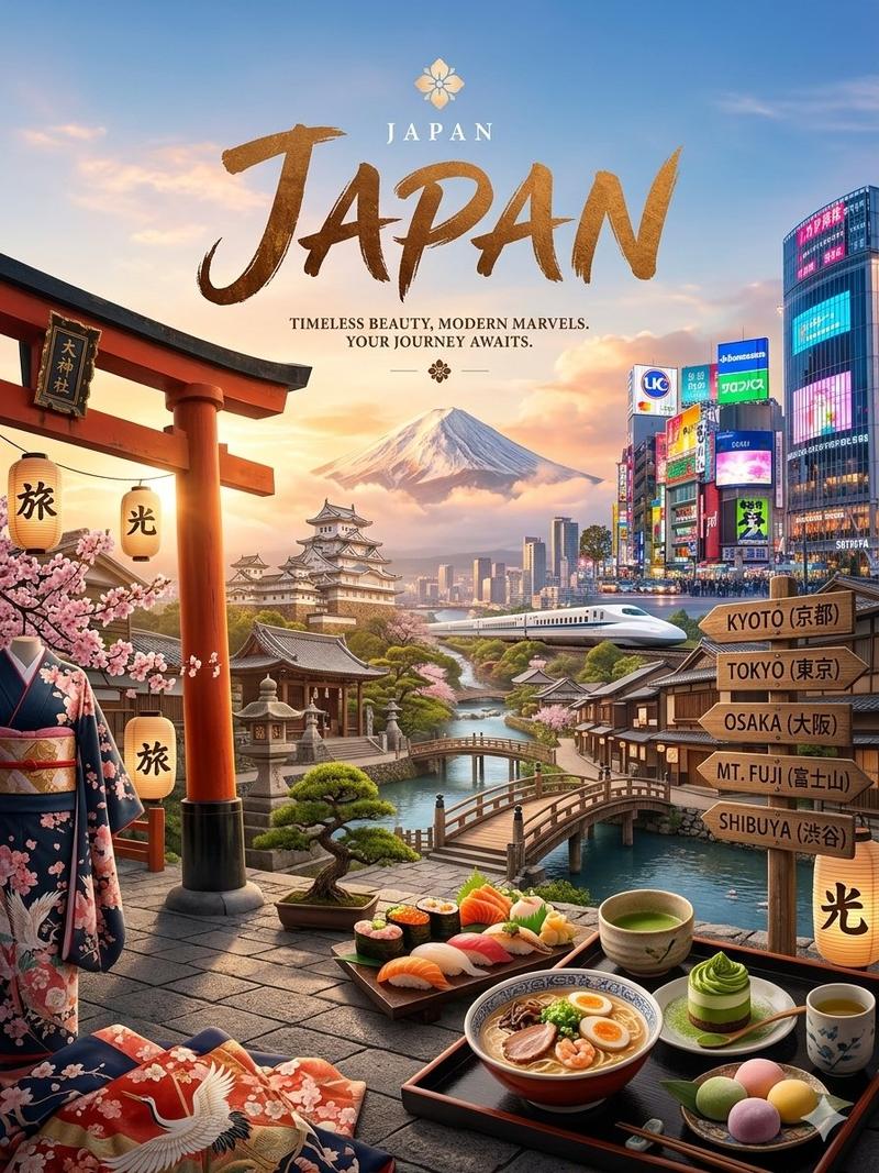 黄金时刻日本传统与现代融合旅行海报