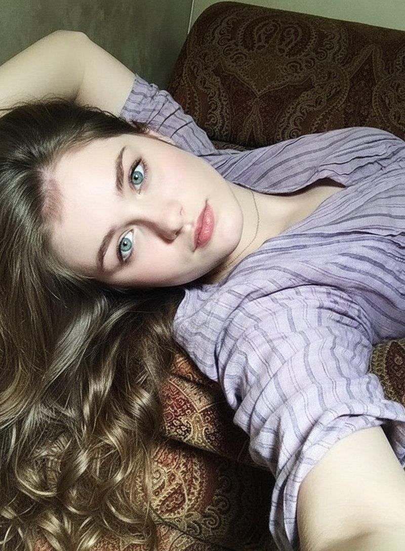 沙发上的绿松石眼眸美女自拍