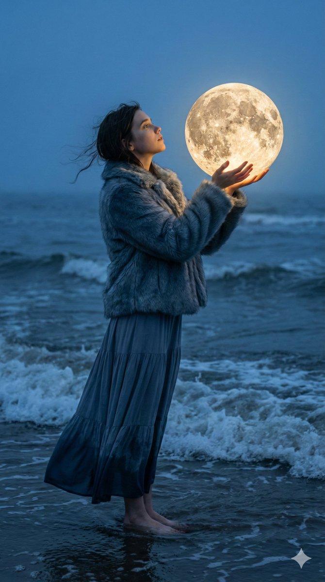 暮色海畔手捧梦幻光月的唯美侧影