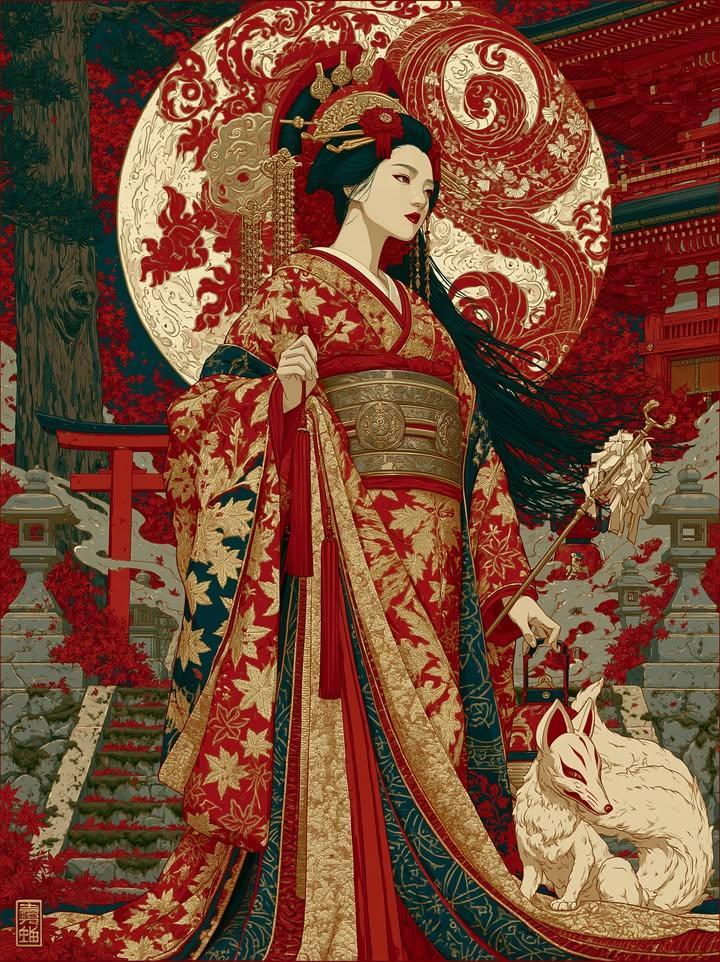 浮世绘风格红金和服女子与九尾狐