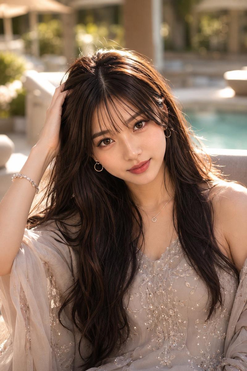 超写实栗色长发女性奢华户外人像