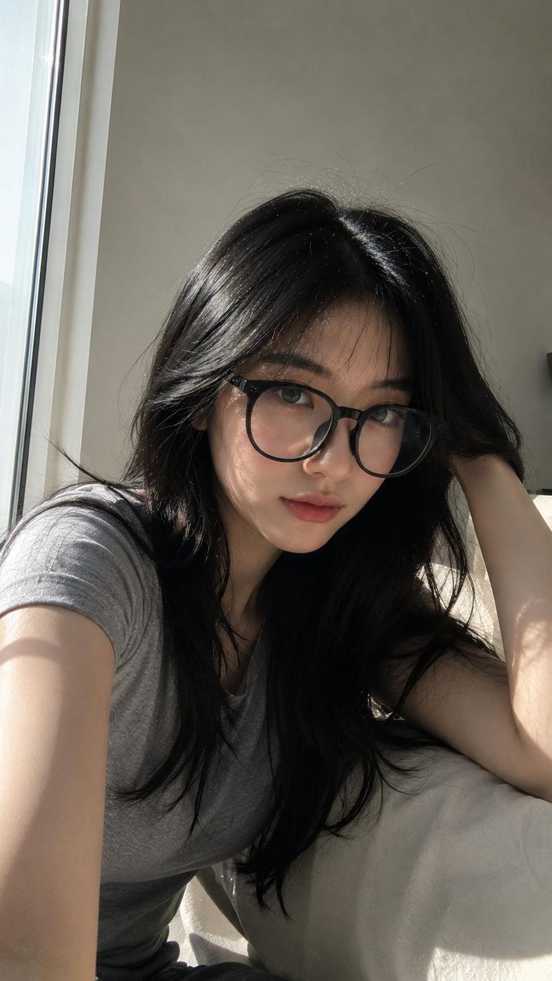 窗边阳光下的东亚女性写实手机自拍