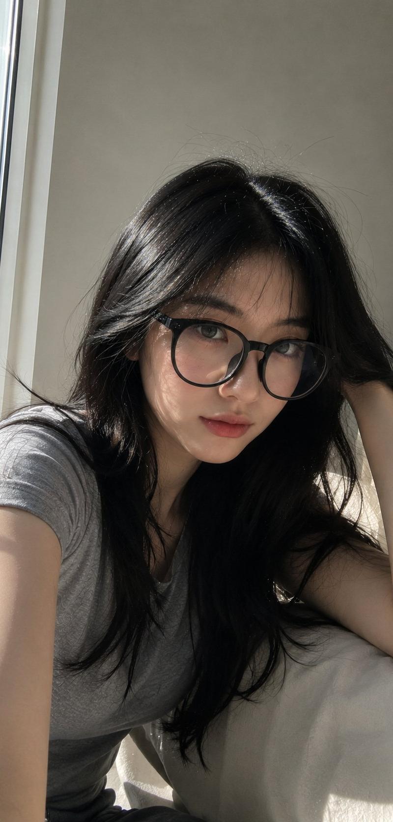 窗边阳光下的东亚女性写实手机自拍