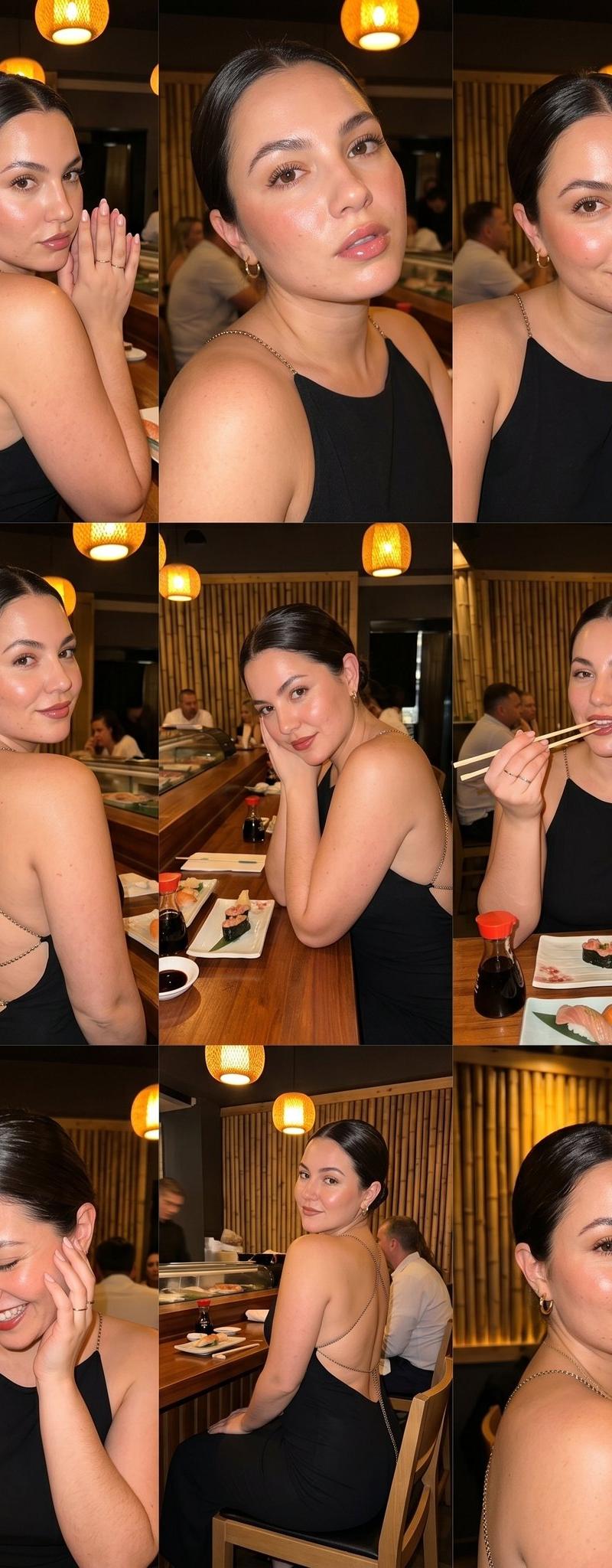 豪华寿司店黑色露背装美女3x3拼贴自拍