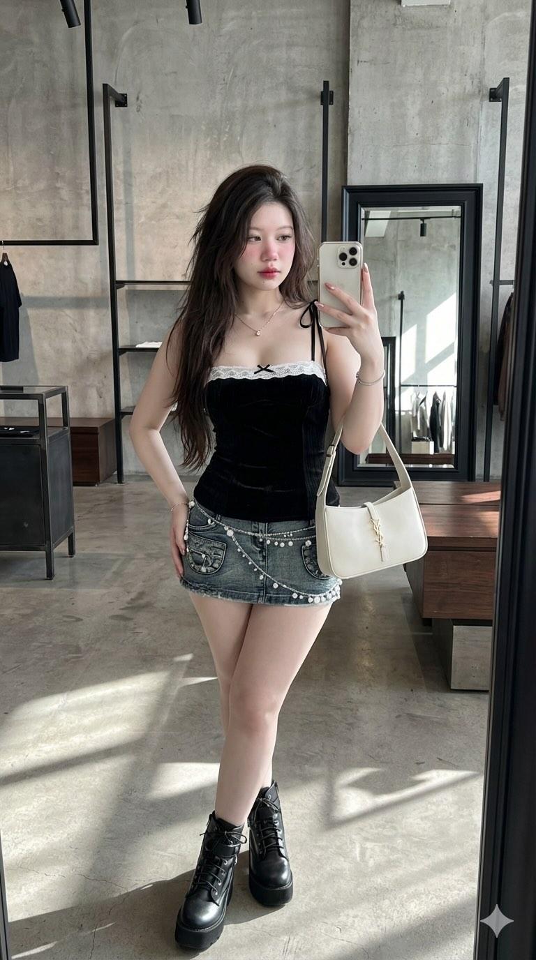 极简工业风咖啡馆亚裔美女全身镜面自拍