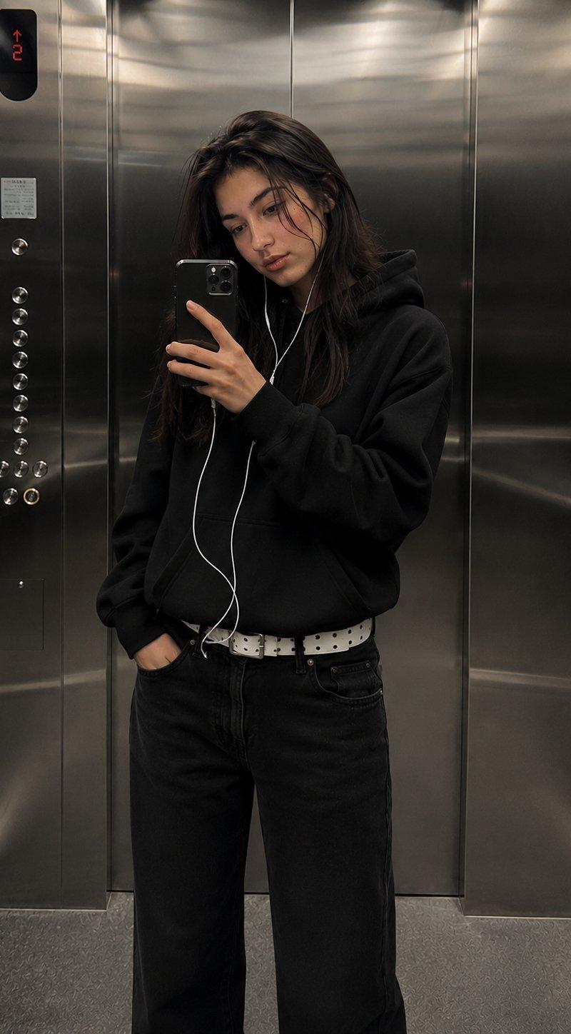 电梯镜面自拍写实时尚少女