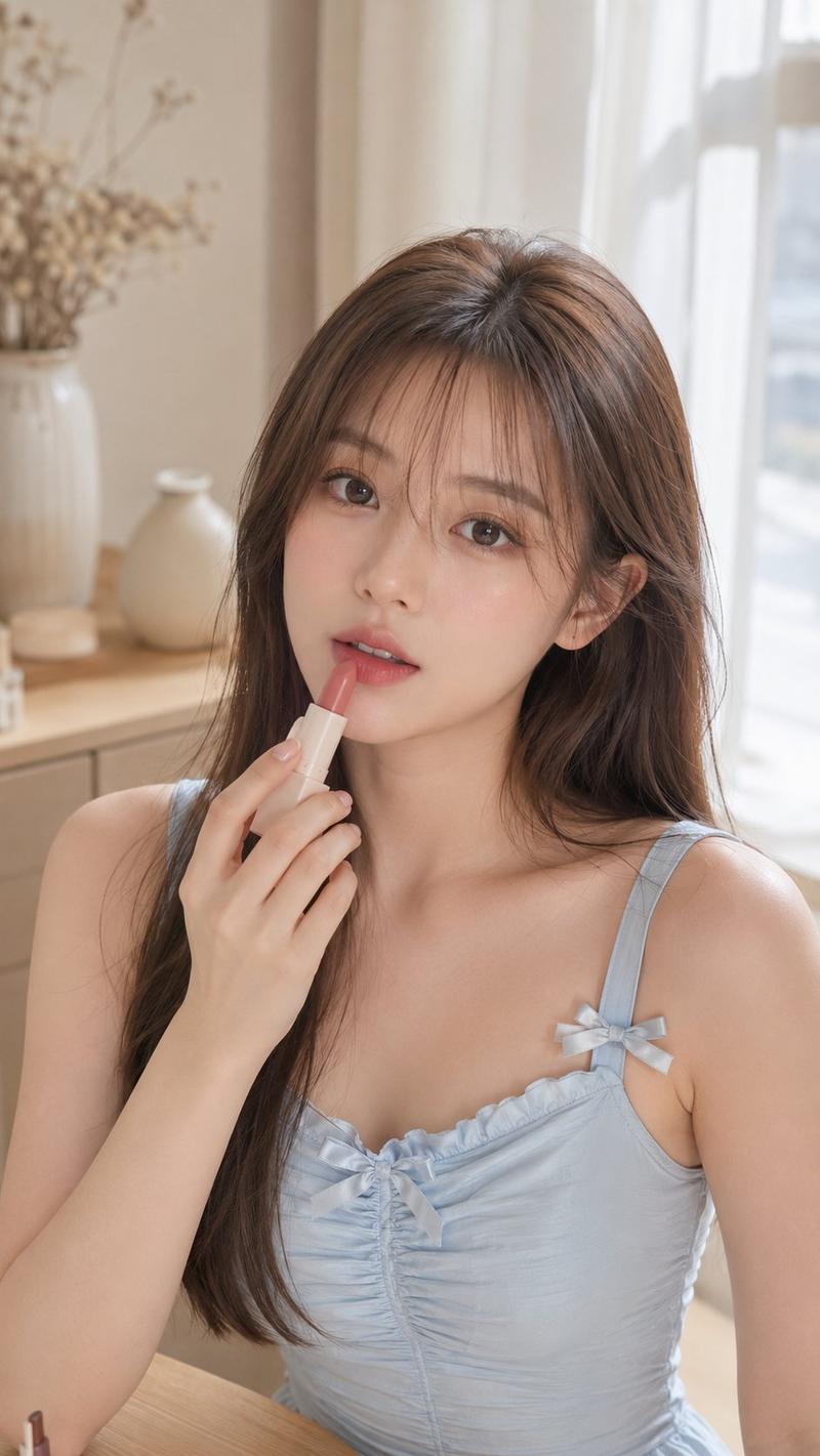 东亚女性涂抹口红超写实人像美妆摄影