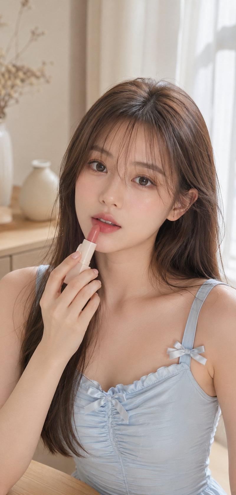 东亚女性涂抹口红超写实人像美妆摄影