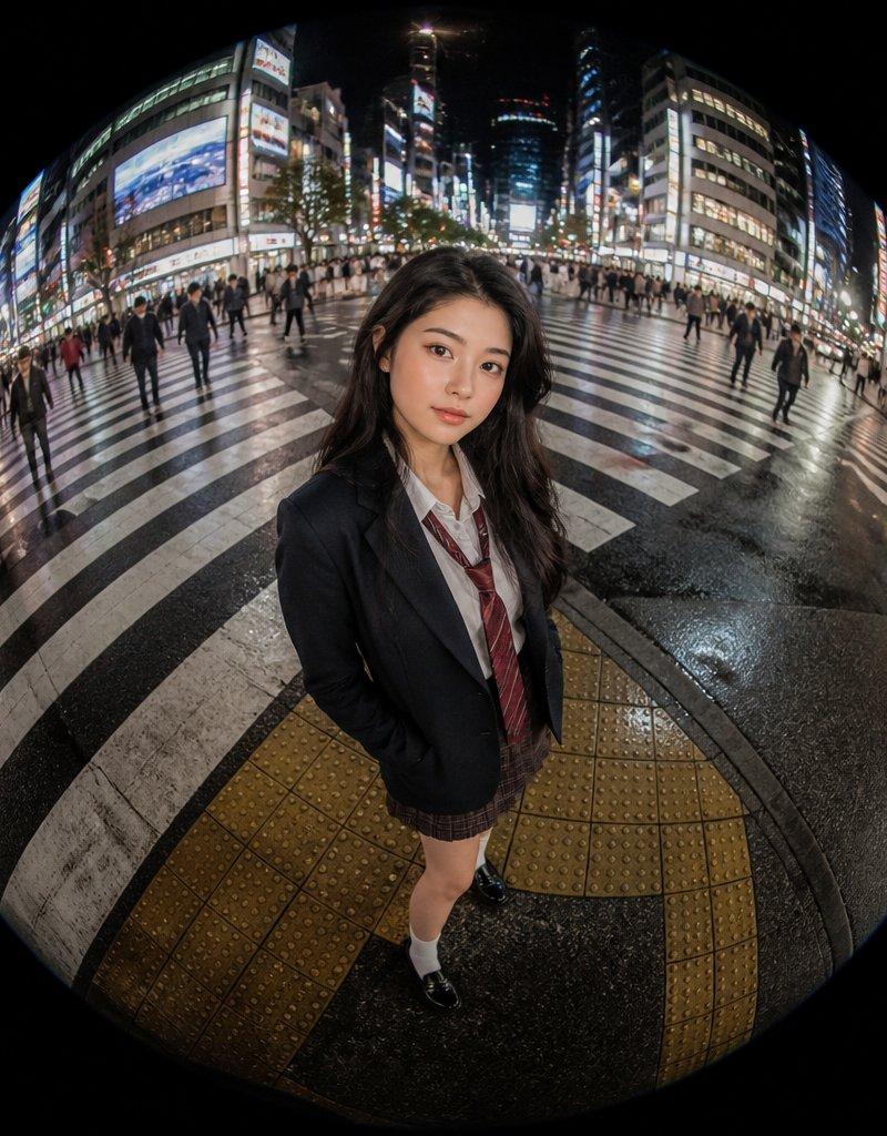 鱼眼镜头下日本街头穿校服的年轻女性
