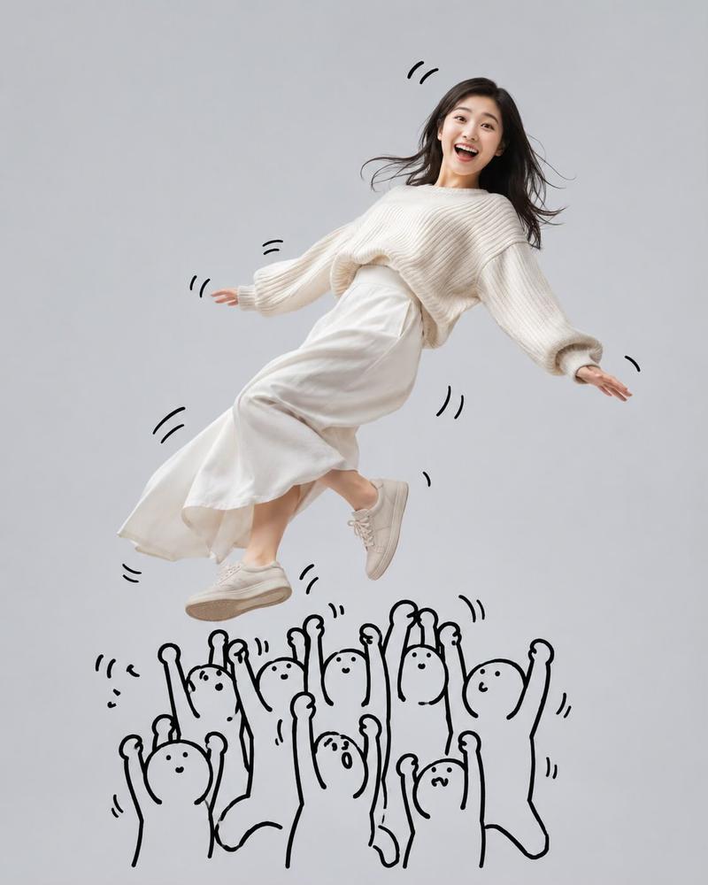 涂鸦小人举起漂浮女孩超写实摄影