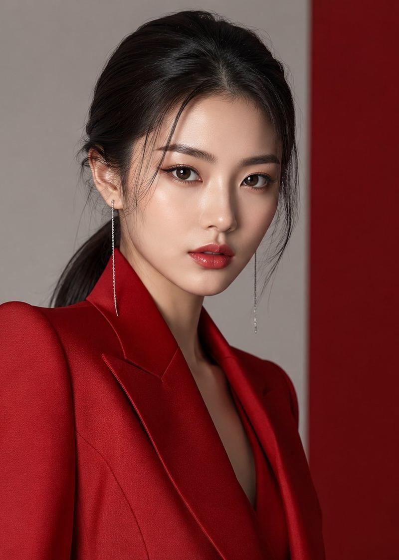 超写实韩式高端时尚杂志红色西装女模人像