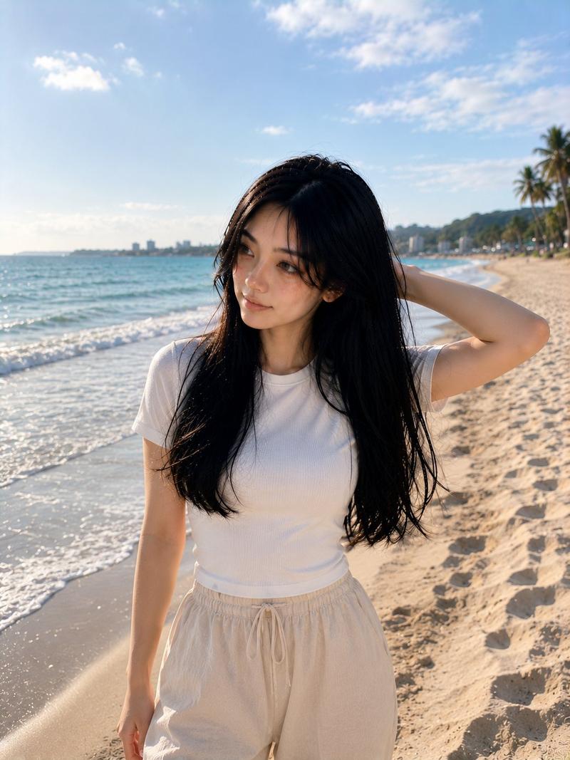 超写实韩系美女海滩夕阳人像