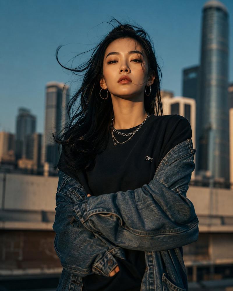 城市天际线下的时尚东亚女性人像
