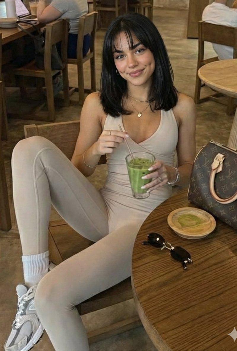 穿米色连体衣的都市女孩在咖啡馆的惬意时光