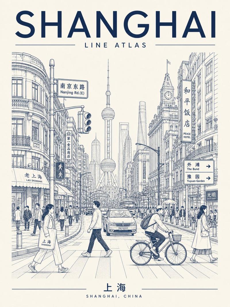 极简单色城市建筑线描海报生成指令