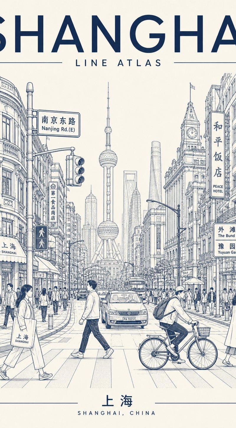 极简单色城市建筑线描海报生成指令