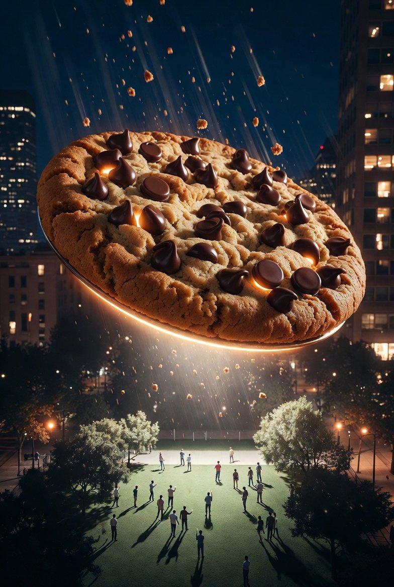 都市夜空下外星飞船劫持巨型饼干