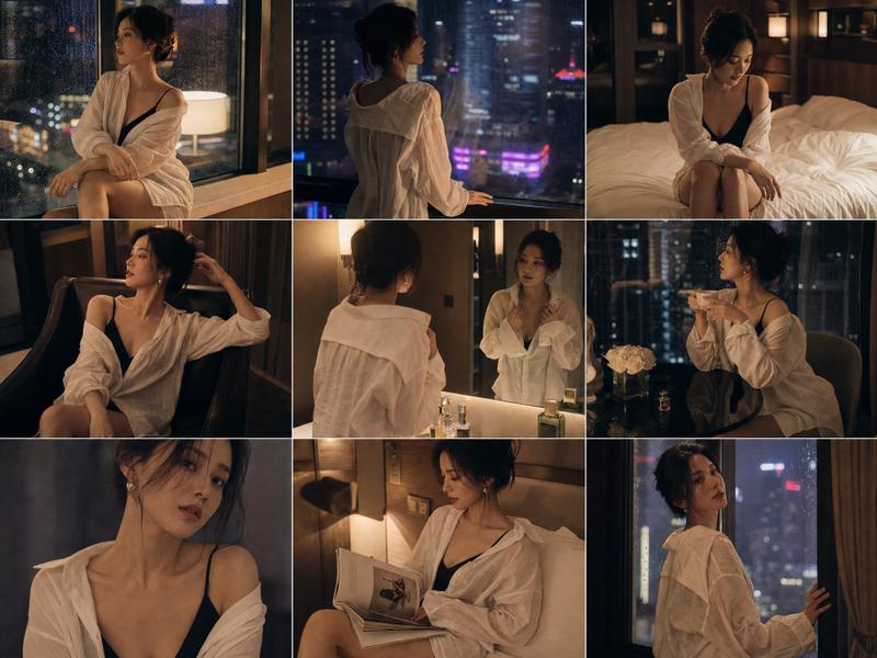 都市夜间电影感白衬衫女性写真