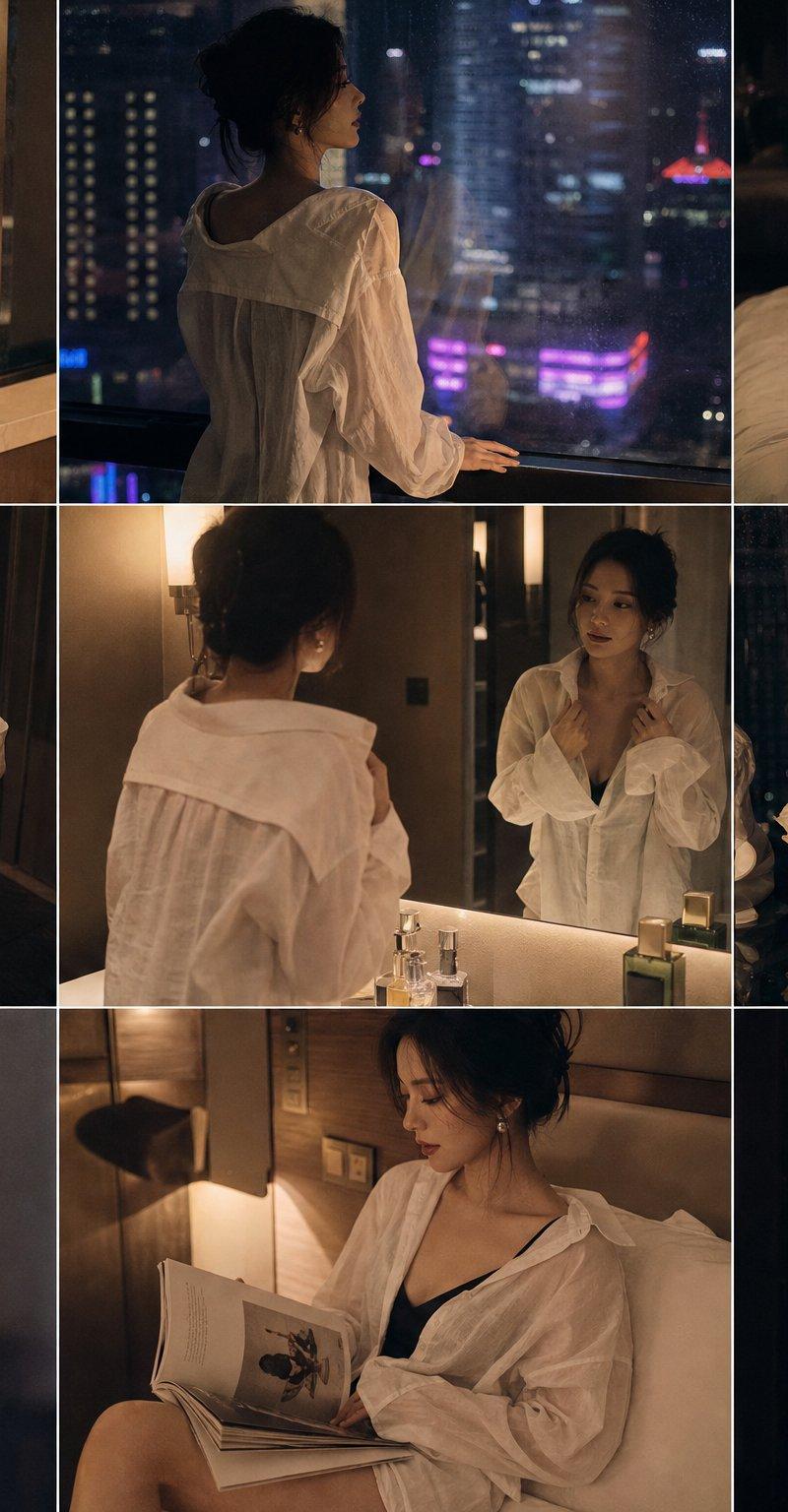 都市夜间电影感白衬衫女性写真