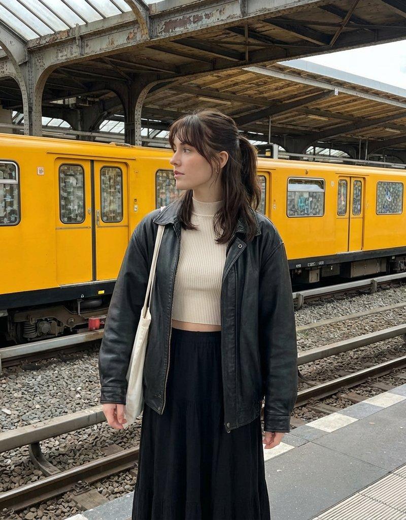 都市站台上的皮衣沉思少女