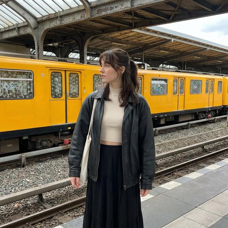 都市站台上的皮衣沉思少女