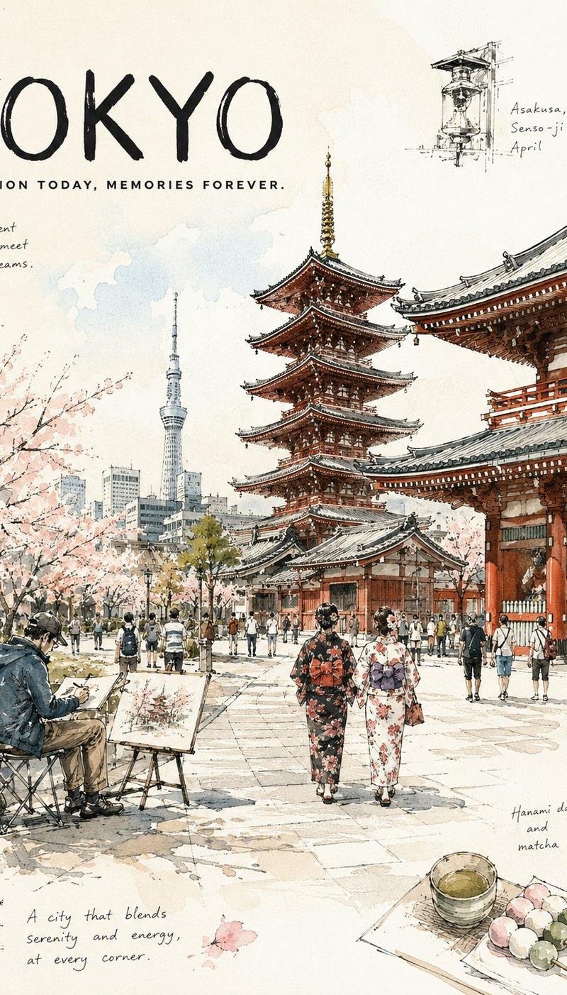 城市速写风格旅行日志插画海报