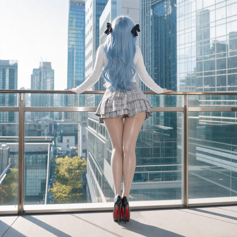 都市露台浅蓝长发女性全身背影写真