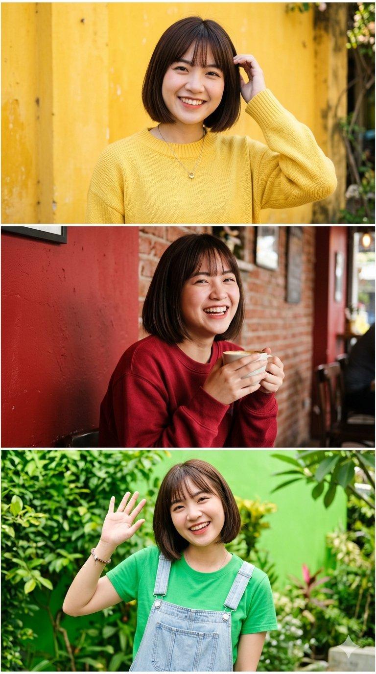 东亚年轻女性三连帧垂直人像摄影