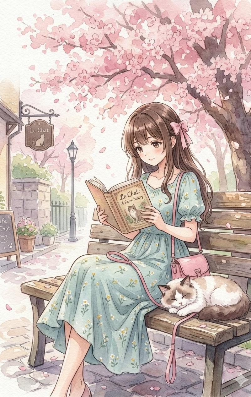 樱花树下长发少女与猫咪阅读水彩插画