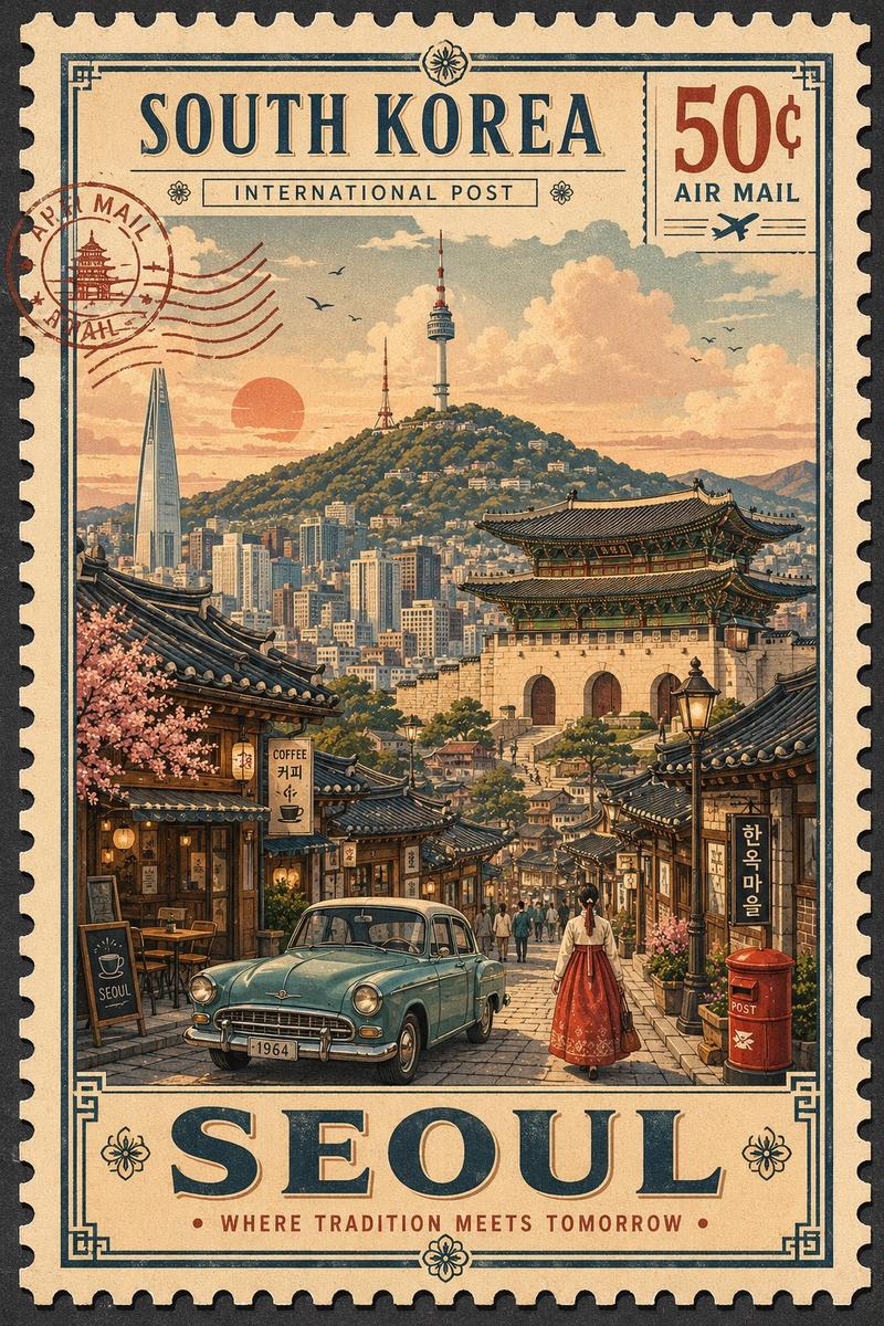 复古怀旧邮票风旅行插画提示词