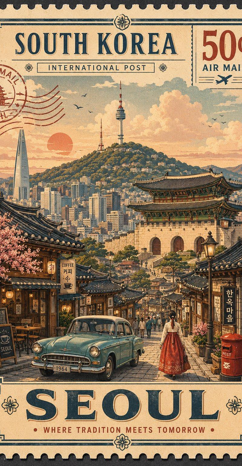 复古怀旧邮票风旅行插画提示词