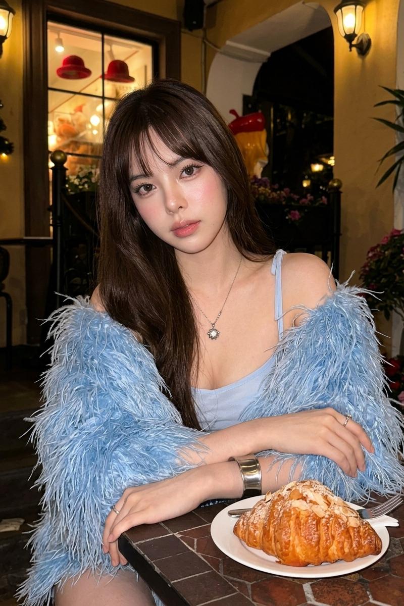 暖光咖啡馆里的蓝羽女孩