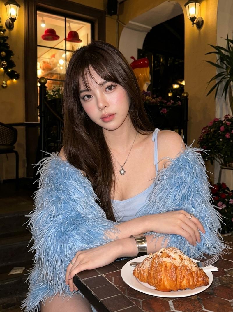 暖光咖啡馆里的蓝羽女孩