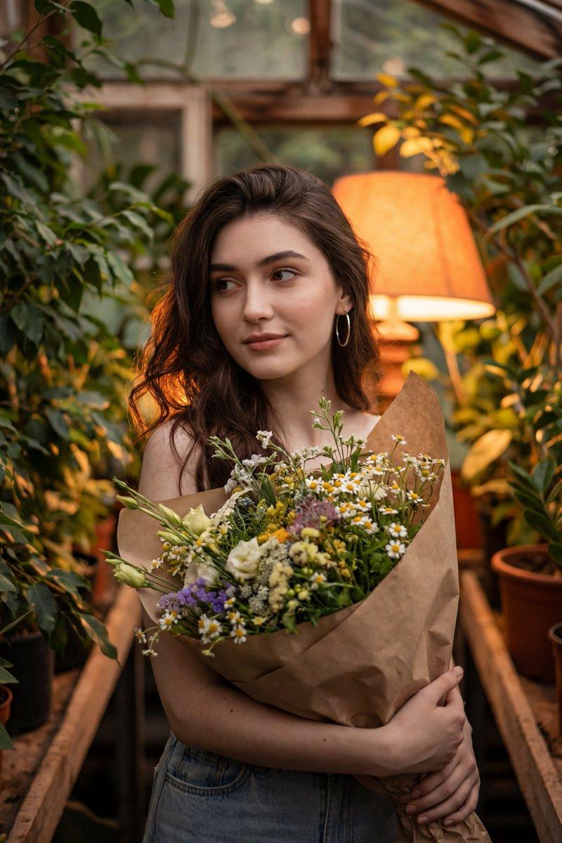 暖光花丛中手捧花束的慵懒甜美少女