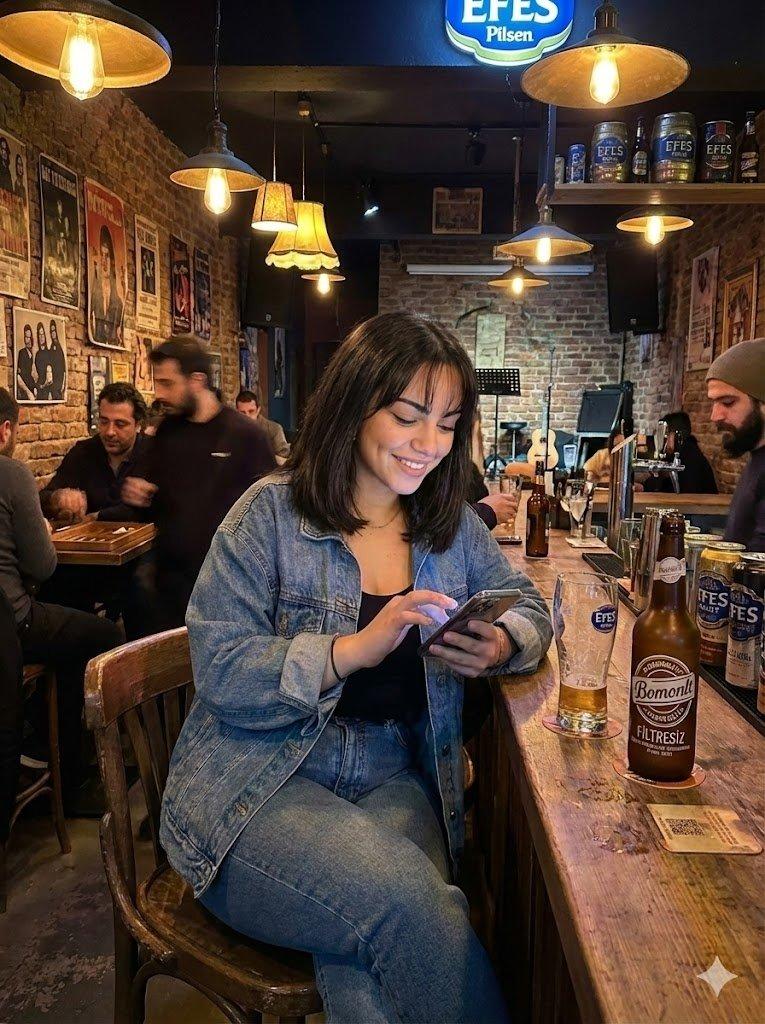 暖光复古酒吧里的牛仔外套少女