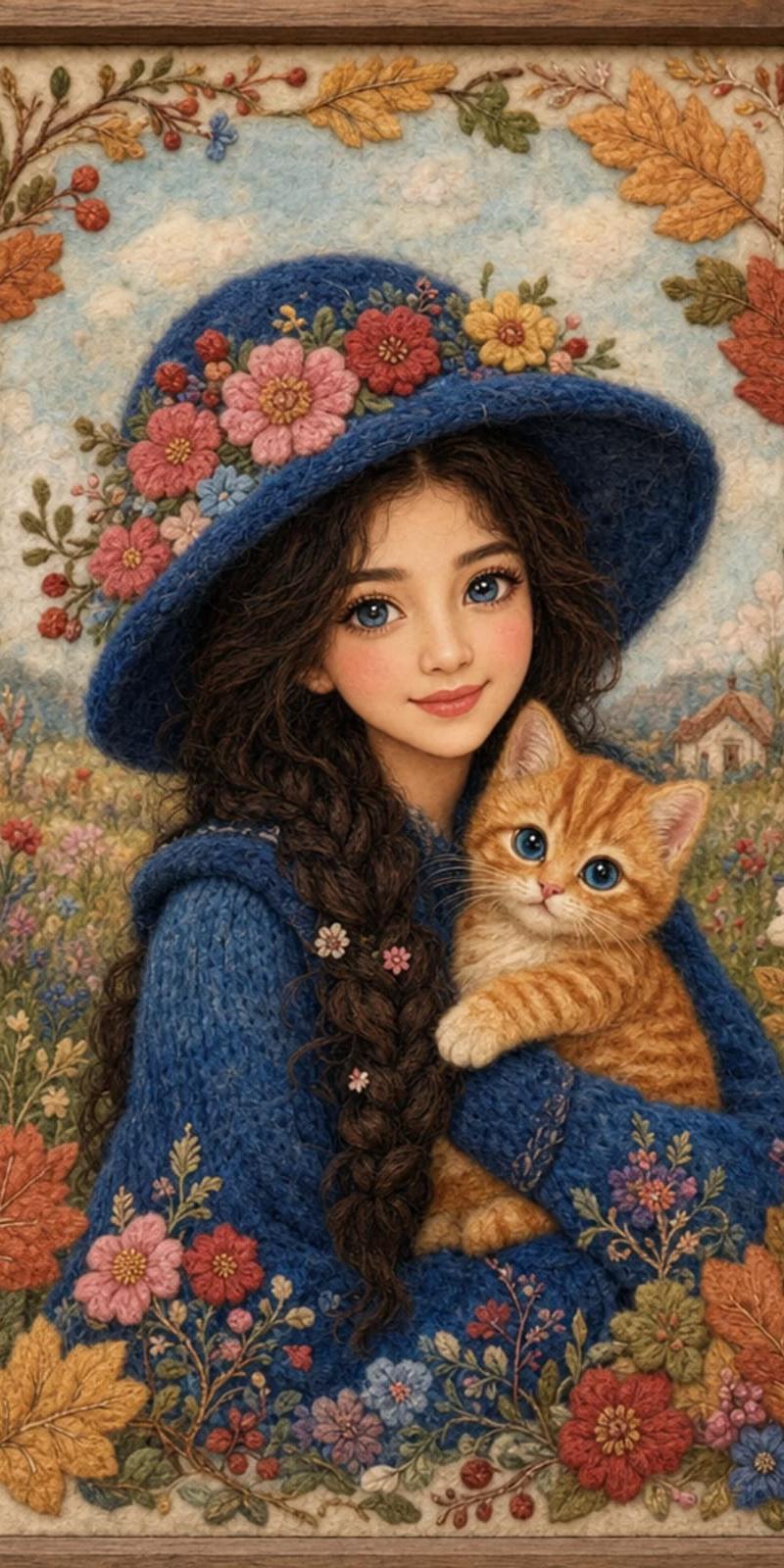 羊毛毡刺绣风格亚洲女性与小猫插画
