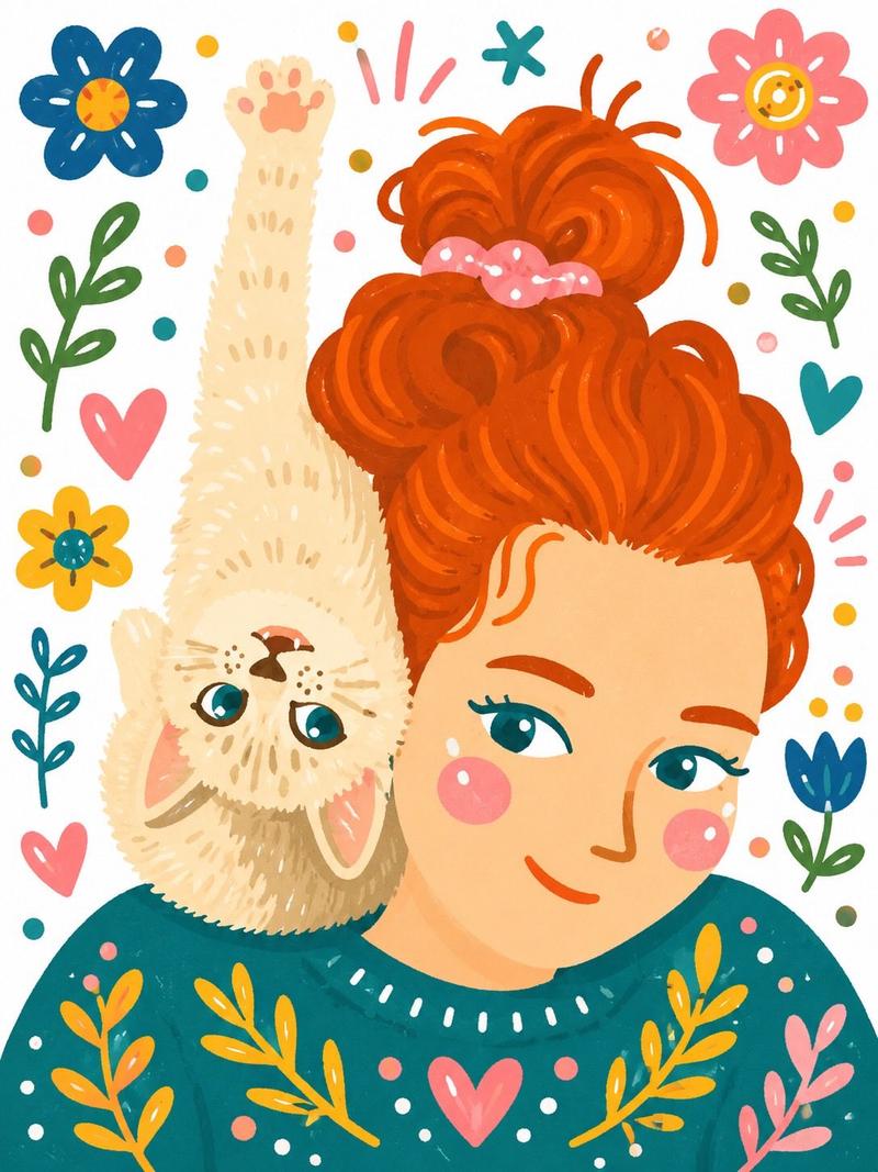 斯堪的纳维亚风红发女孩与倒挂小猫绘本插画