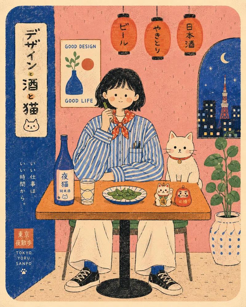 古灵精怪日式复古咖啡馆插画
