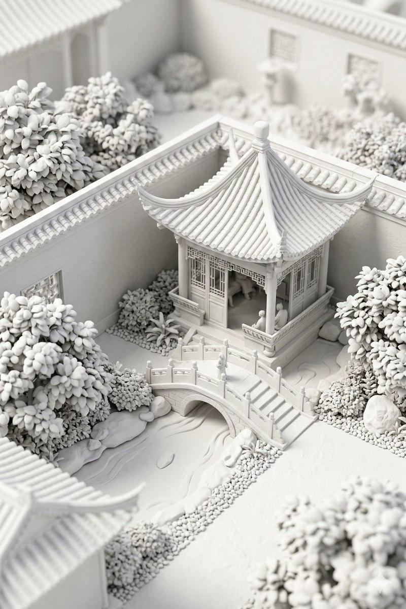 纯白黏土风中式庭院微缩景观