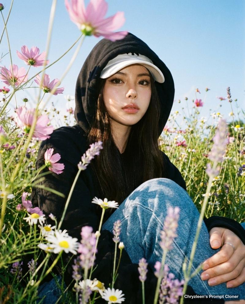 野花丛中仰拍黑色连帽衫少女