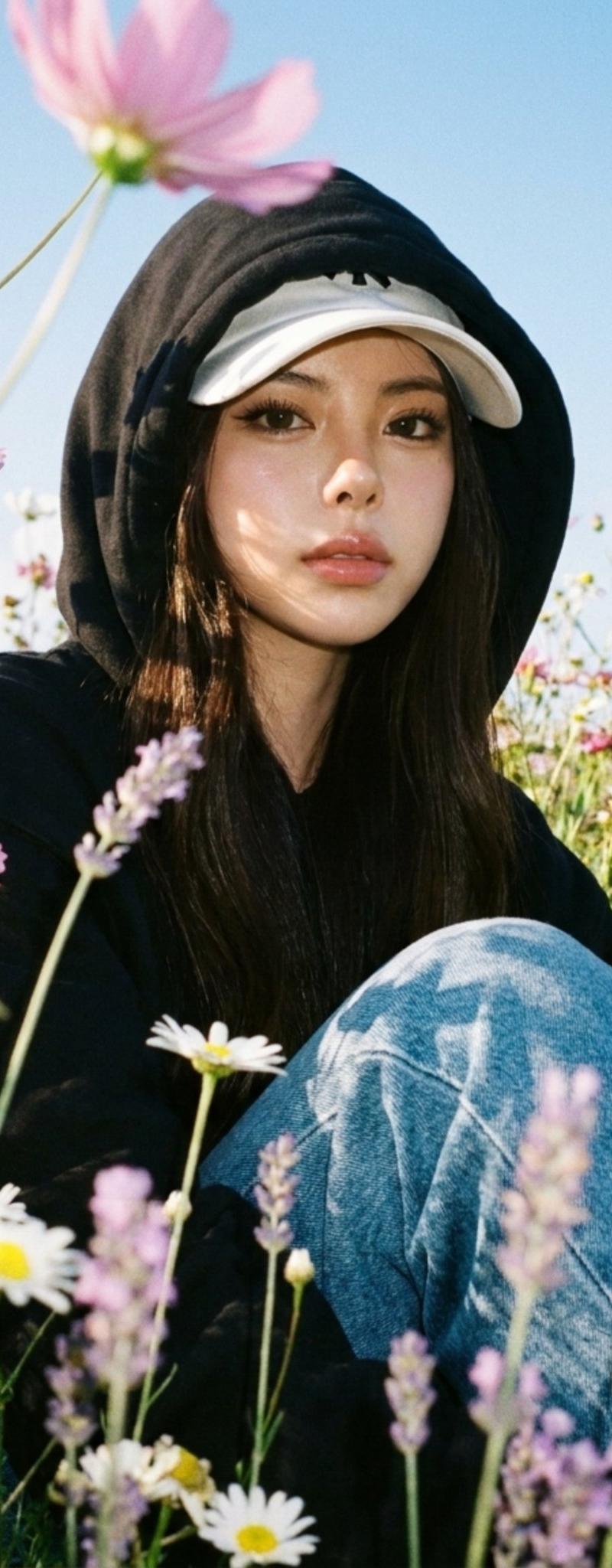 野花丛中仰拍黑色连帽衫少女