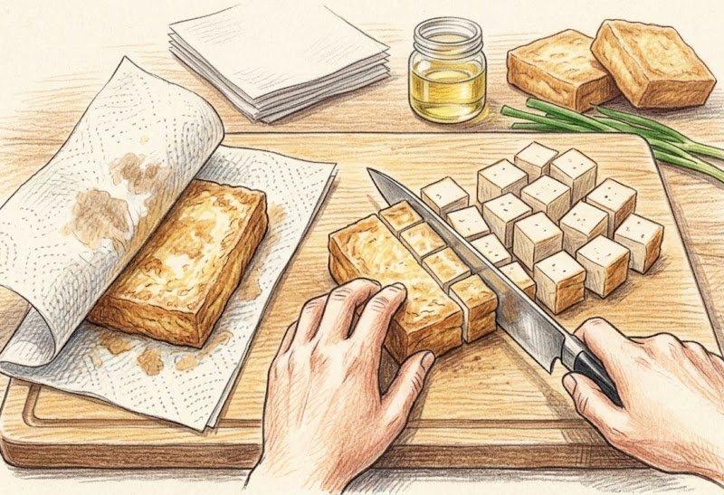 纸巾轻拭吸油利刃切块金黄炸豆腐