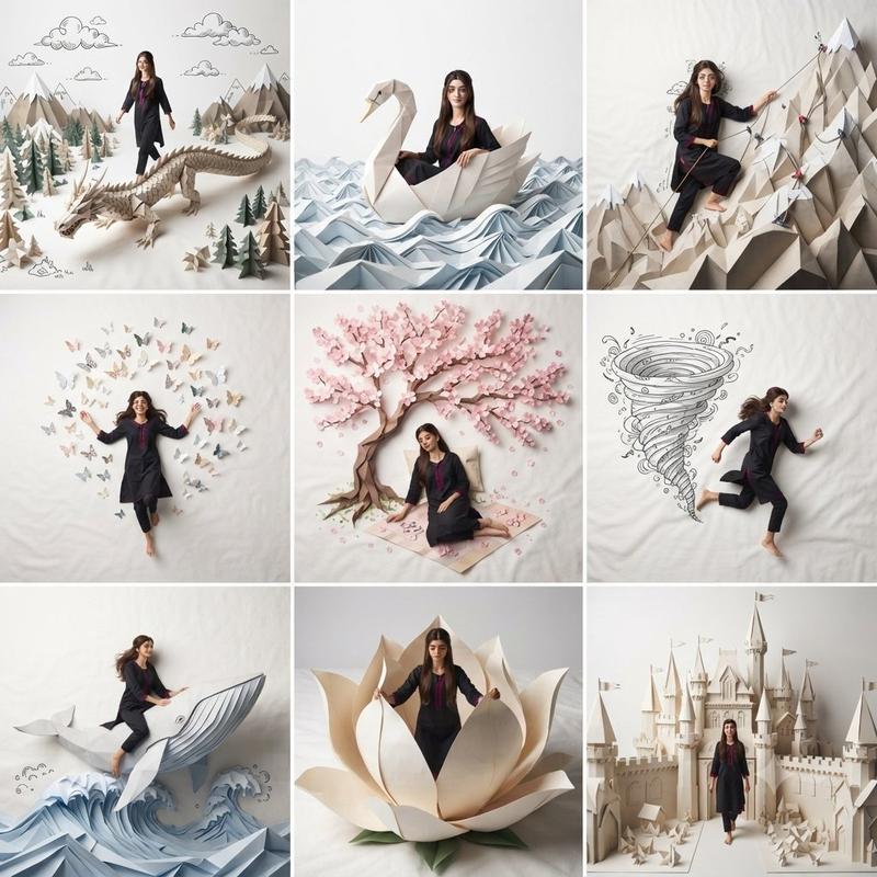 绝美女性与折纸魔法世界拼接画
