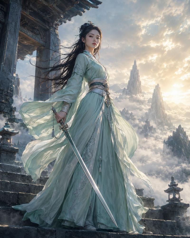 云海山门前的白衣仙侠女剑修
