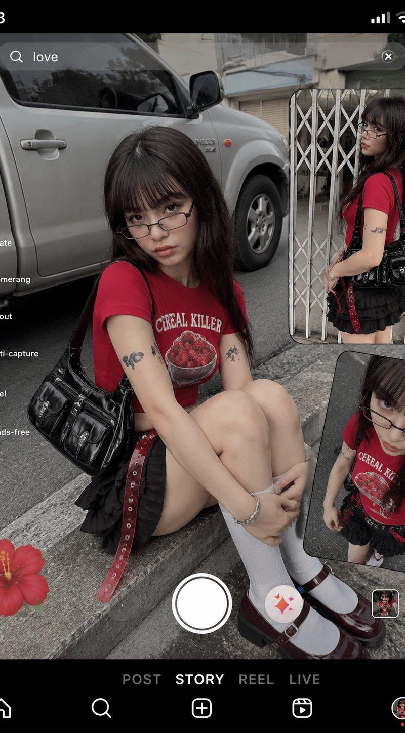 街头拼贴风红色草莓T恤Y2K女孩