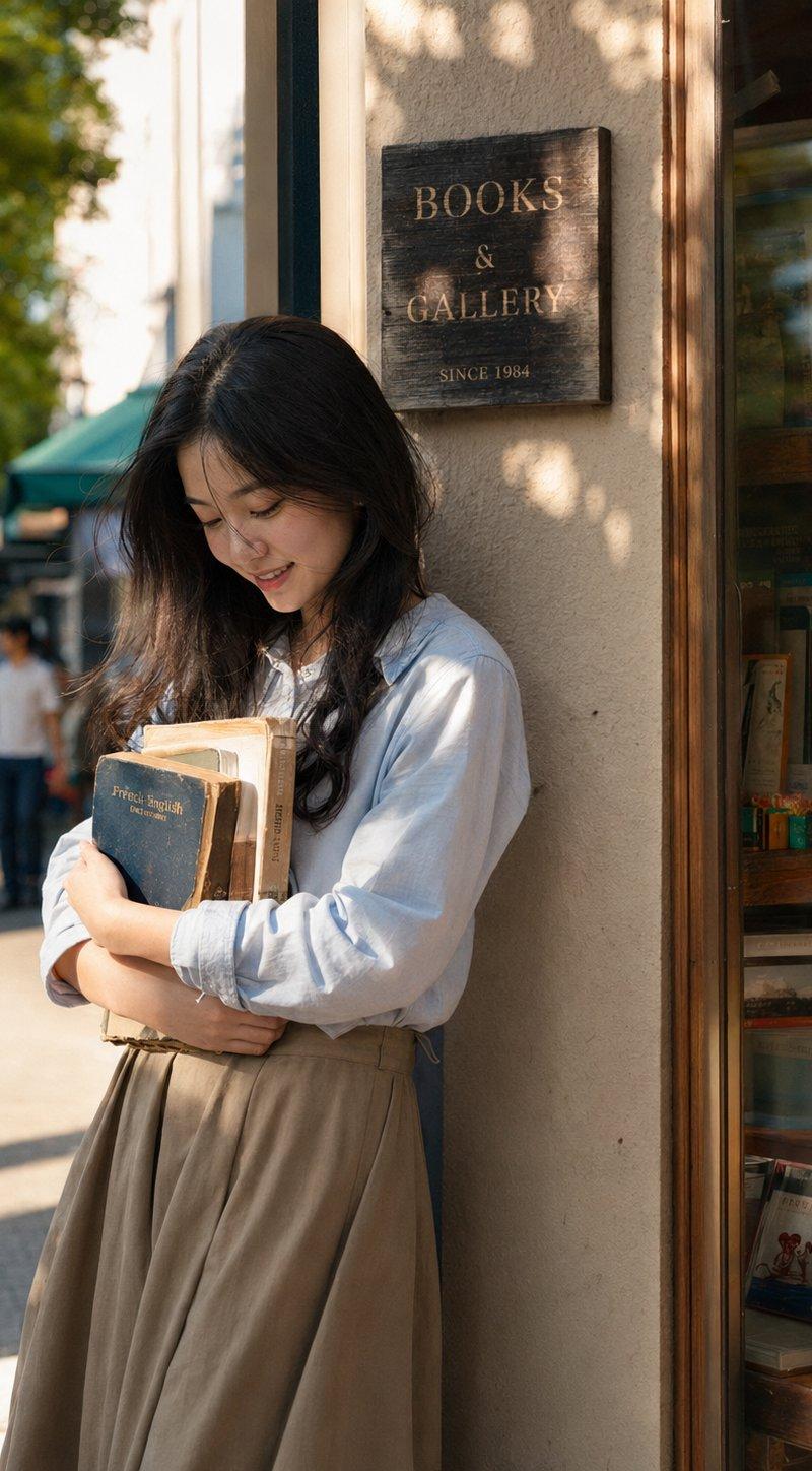 书店门口抱书的亚洲年轻女性