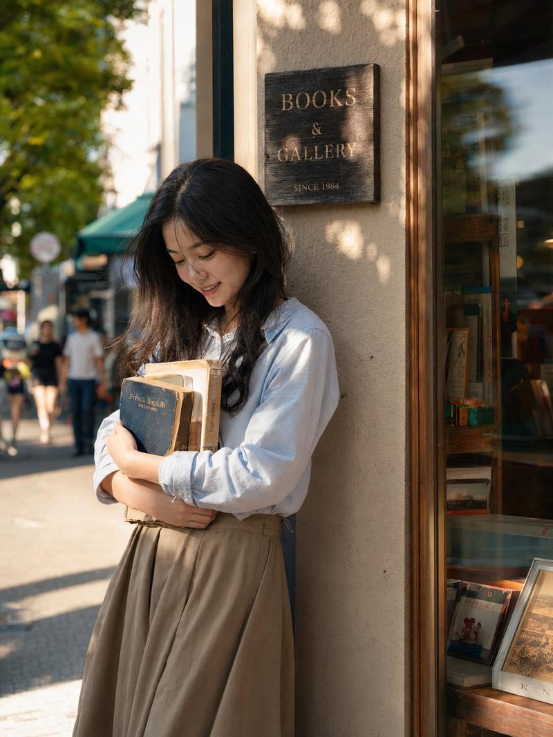 书店门口抱书的亚洲年轻女性