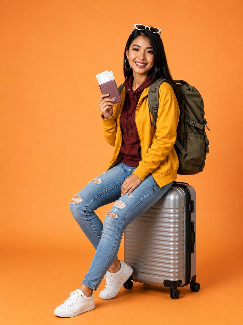 年轻女性旅行者坐行李箱手持护照